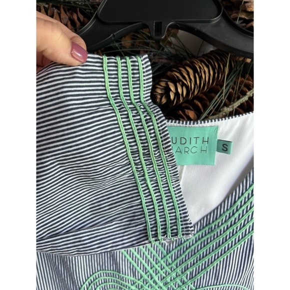 Judith March Blue and White Pinstriped Dress Mint Green Embroidery Size Small - Picture 4 of 11